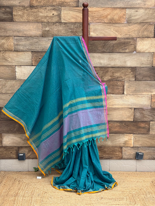 Peacock  Blue Pure Cotton Dhonekhali Saree