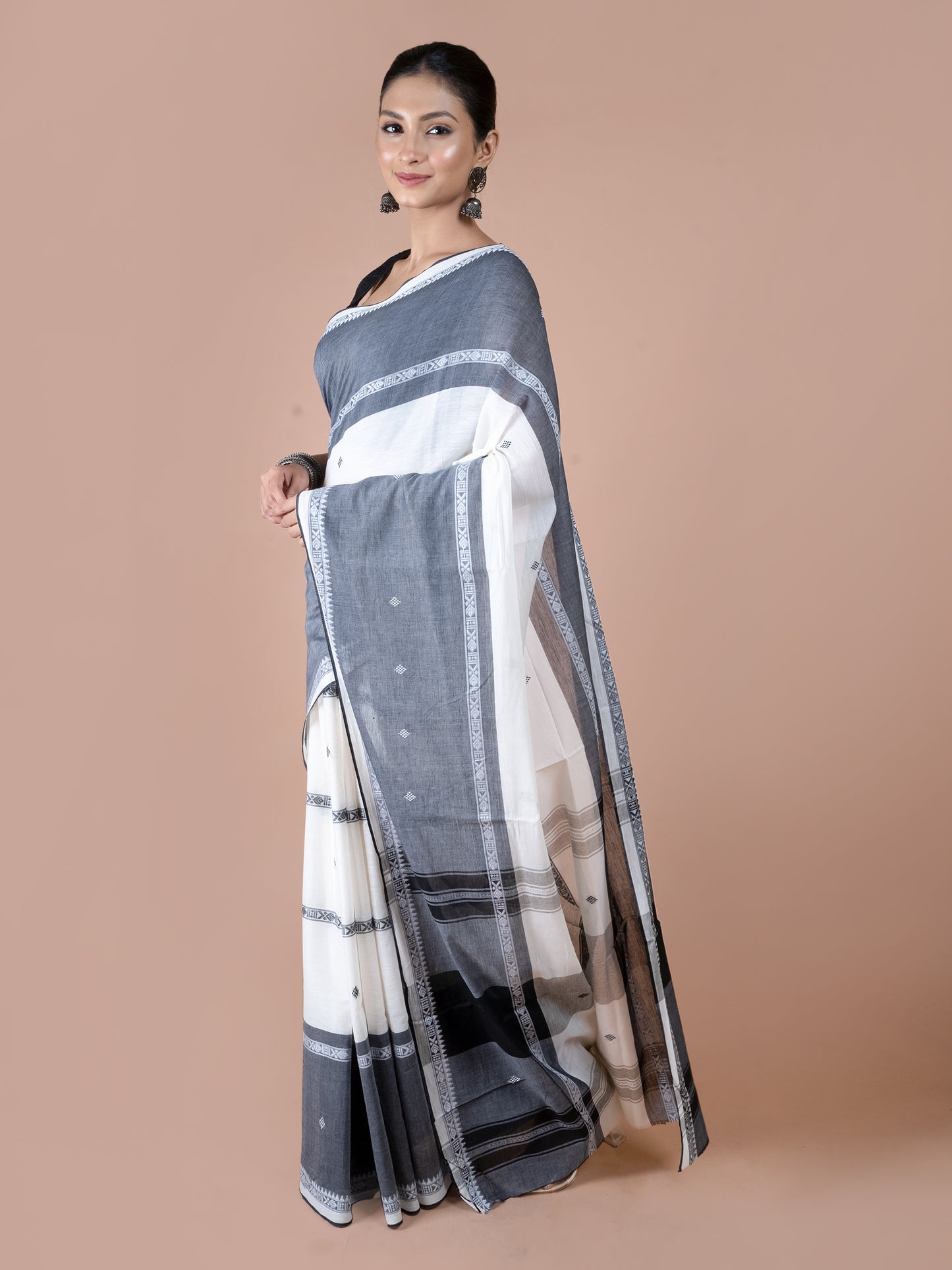 Dust Dhonekhali pure cotton saree earthy neutral handwoven