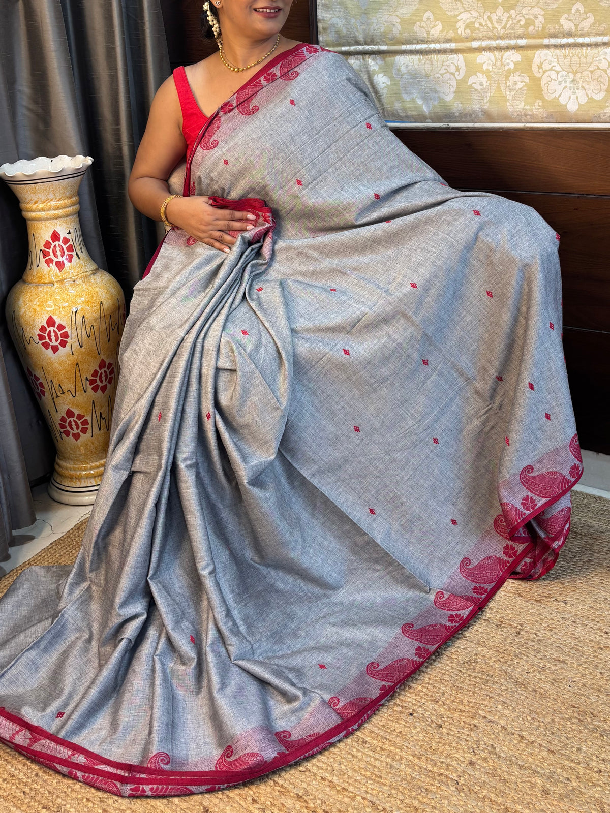 Grey  Pure Cotton Dhonekhali Saree