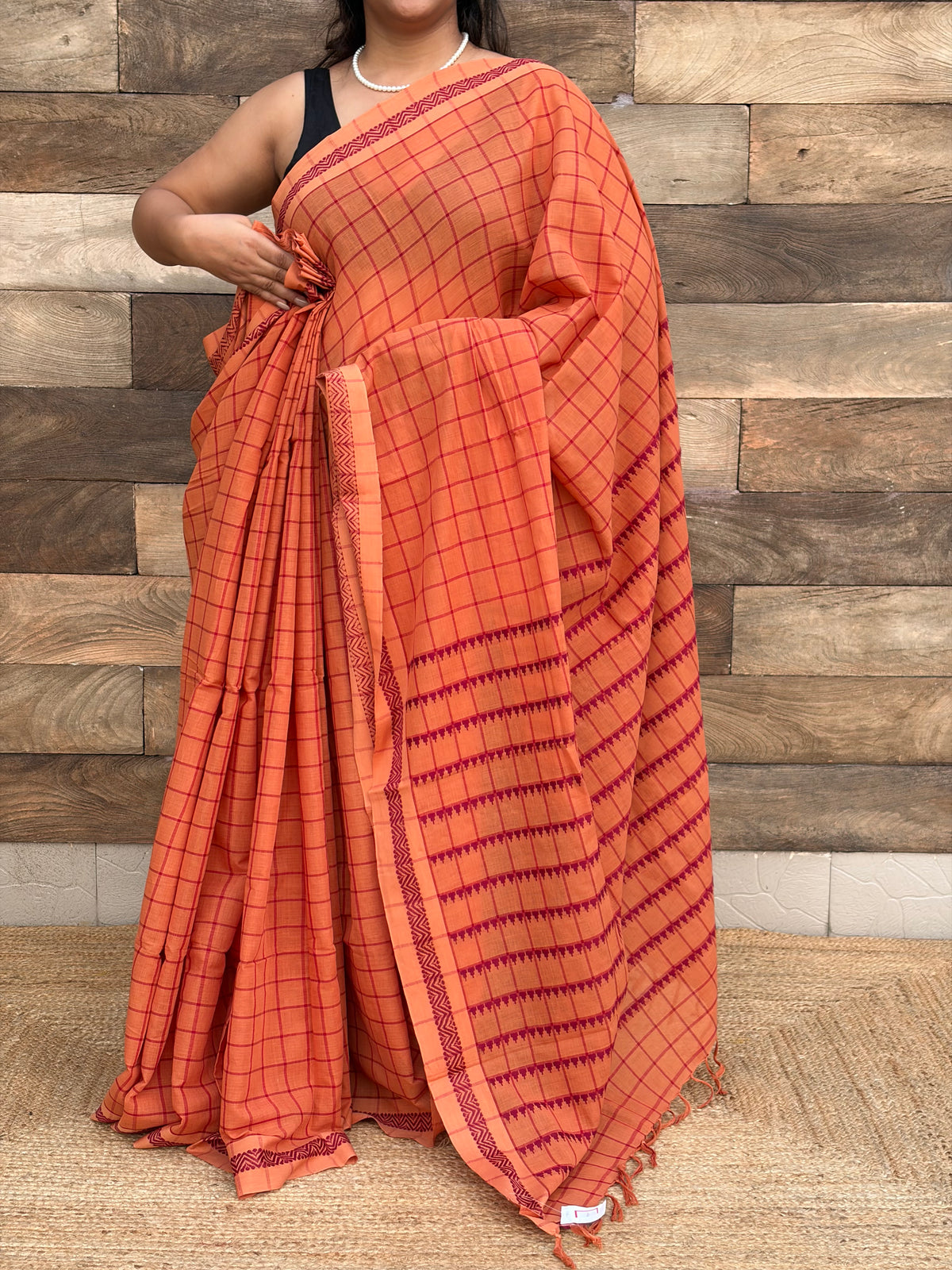 Pure Cotton orange check Begumpuri Handwoven Saree