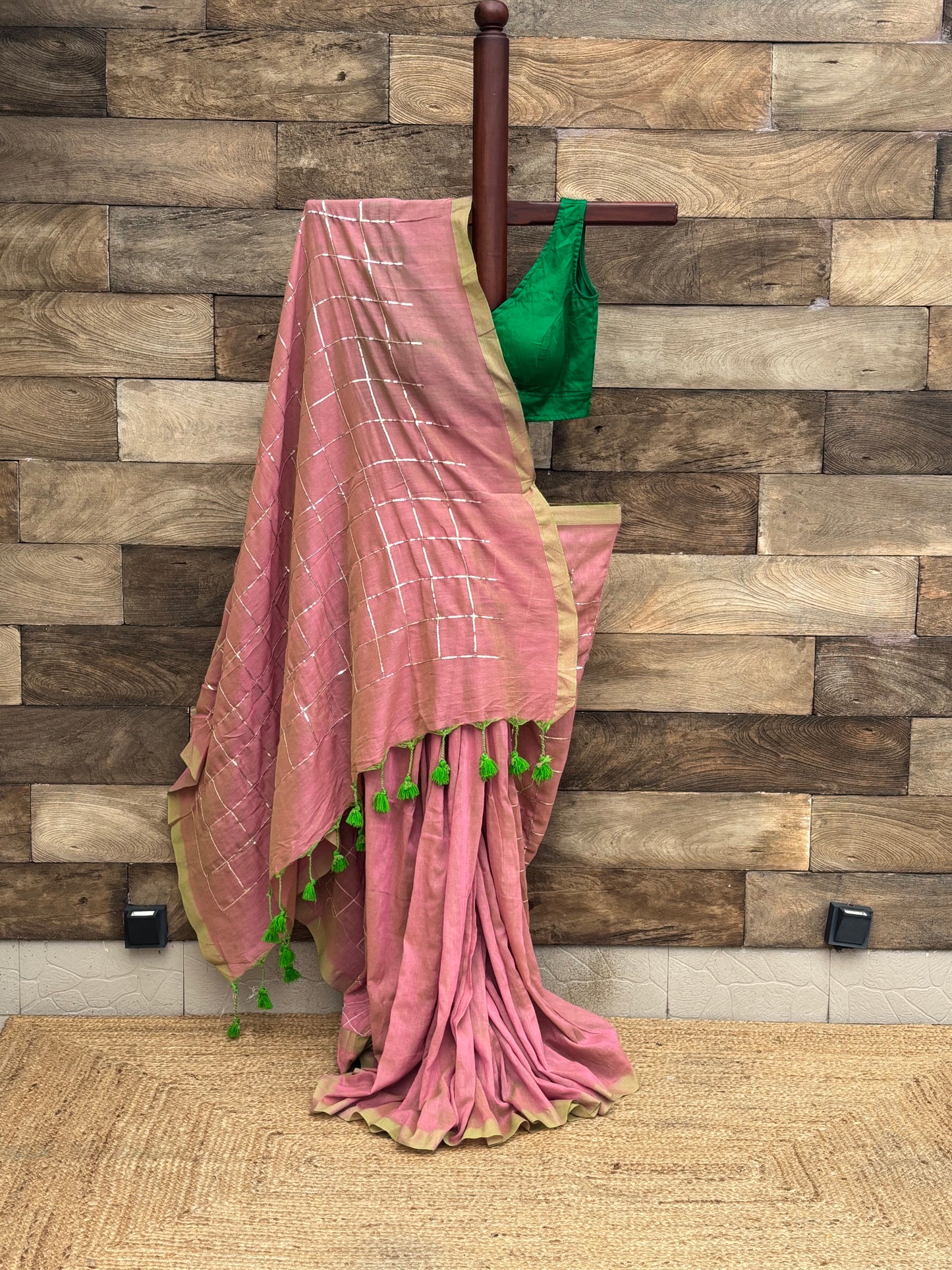 Pink Cotton Sequins  Saree