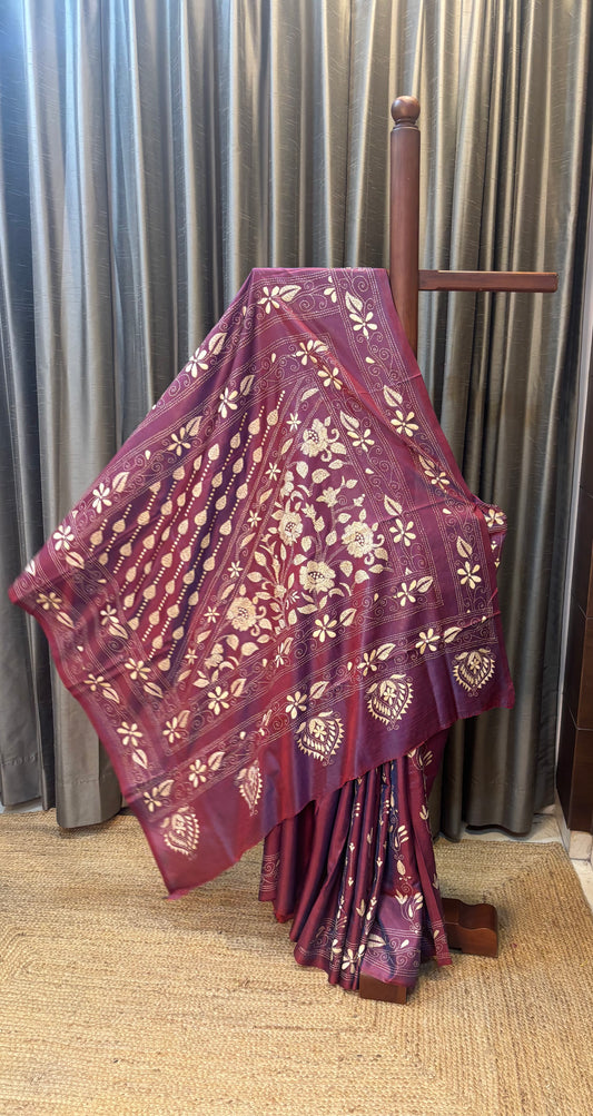 Wine Shade Hand Kantha Stitch  Saree