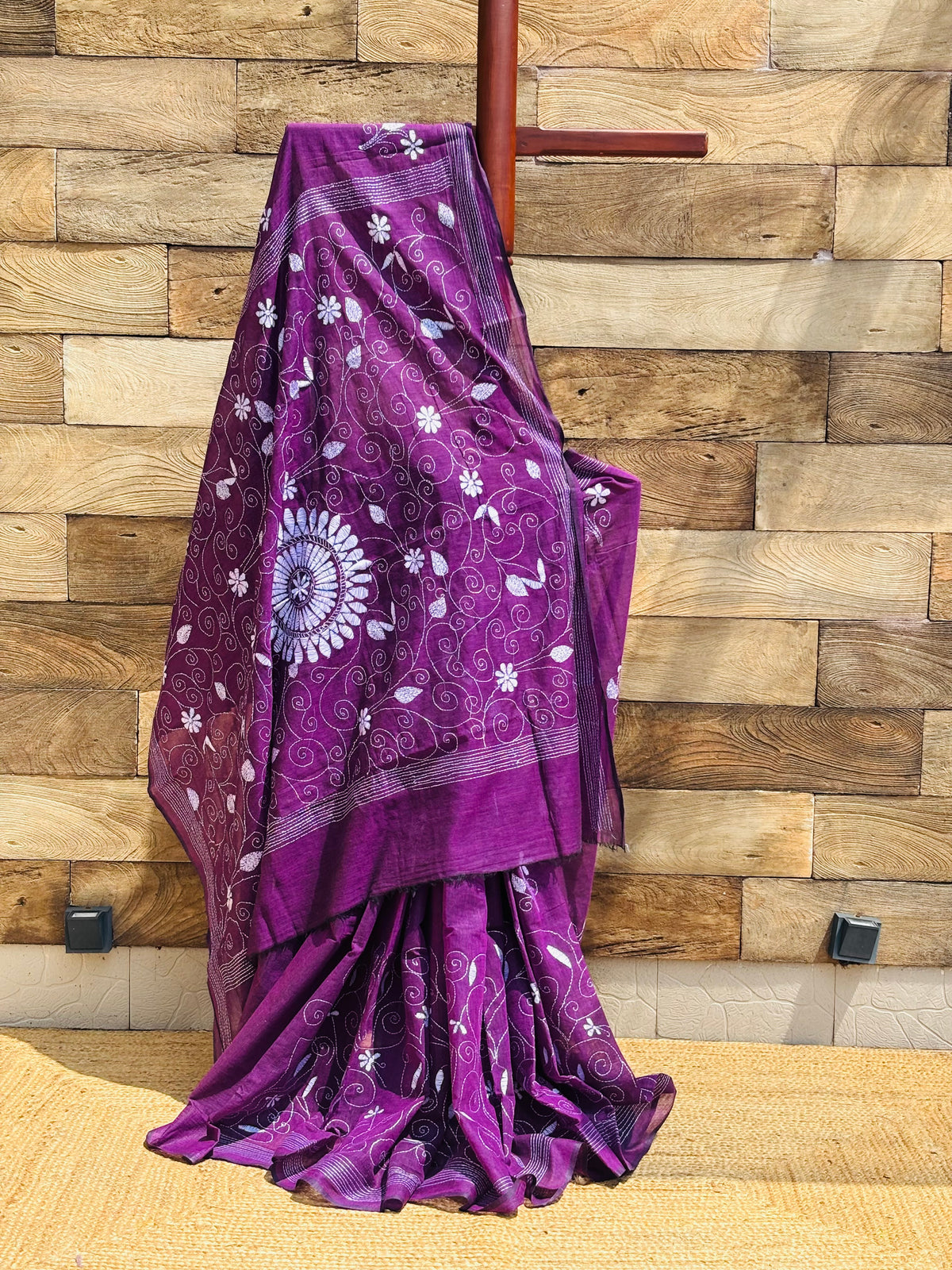 Purple pure cotton Kantha stitch saree