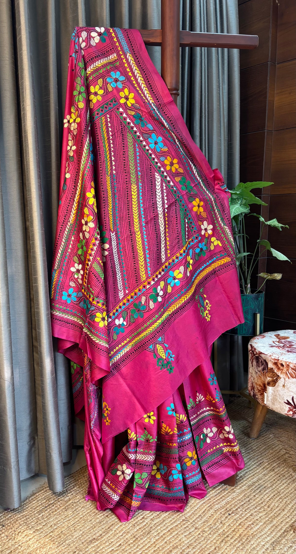 Hot Pink Hand  Kantha Stitch Saree on Blended Bangalore Silk Saree