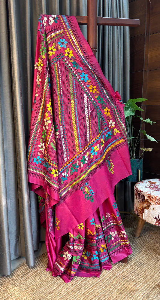 Hot Pink Hand  Kantha Stitch Saree on Blended Bangalore Silk Saree