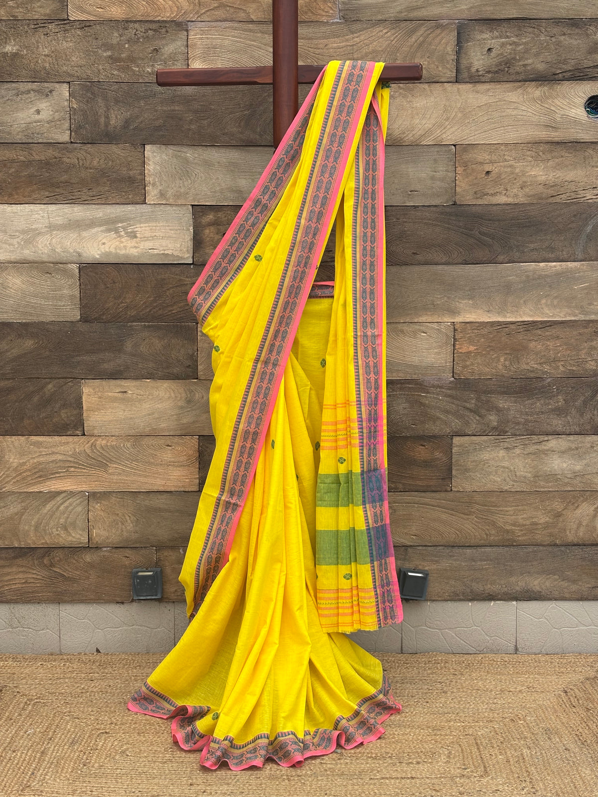 Yellow Mach Paar Soft Cotton Dhonekhali Saree