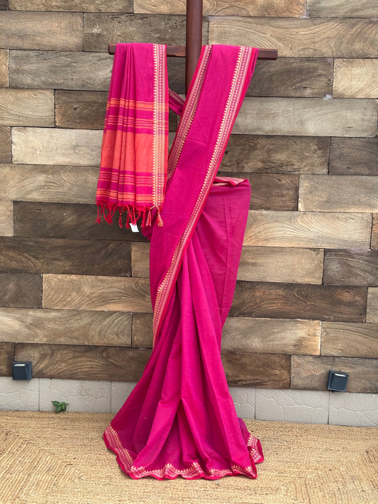 Hot Pink Pure Cotton Dhonekhali Saree