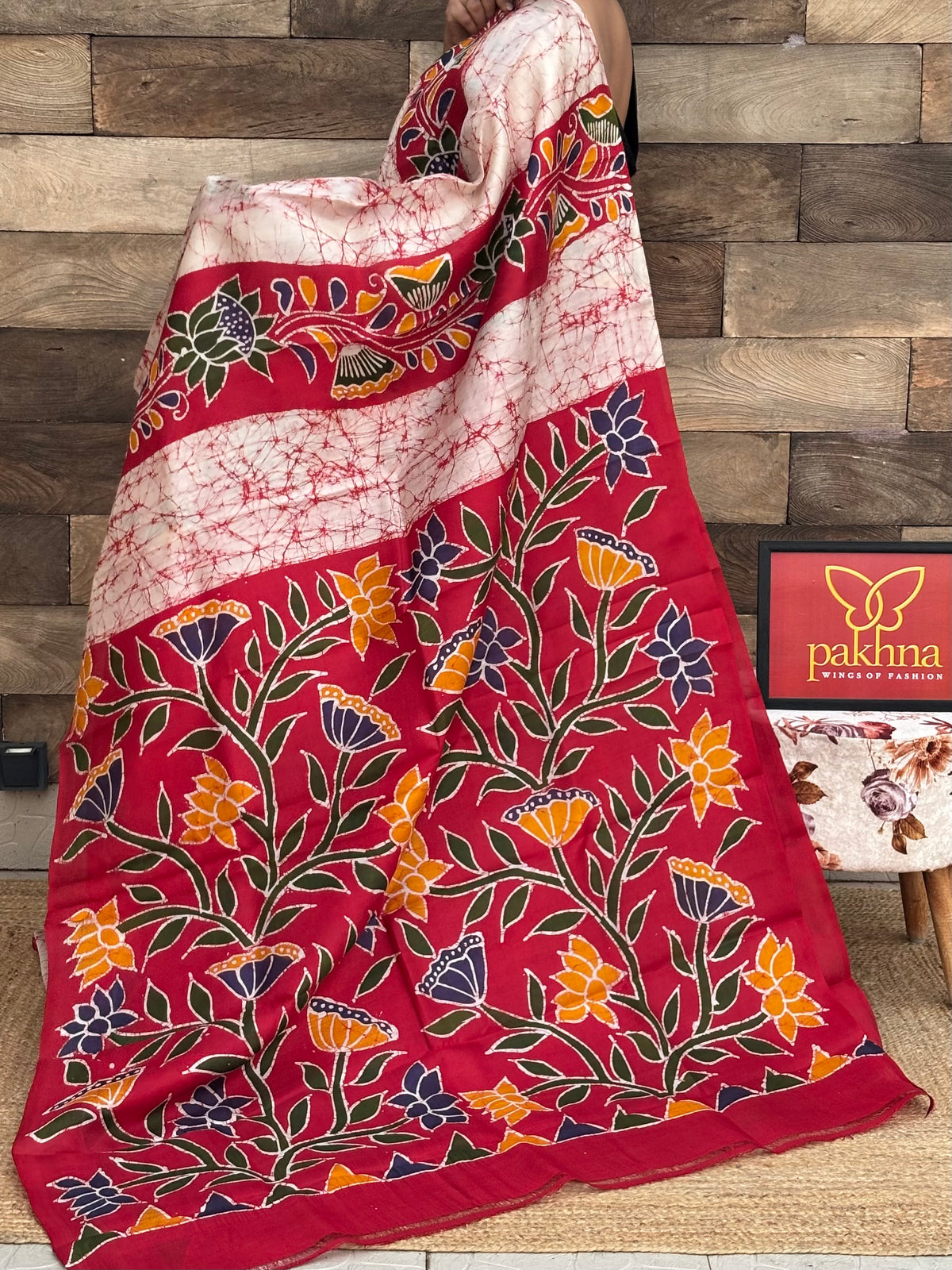 Red and white pure silk batik printed saree - view 2