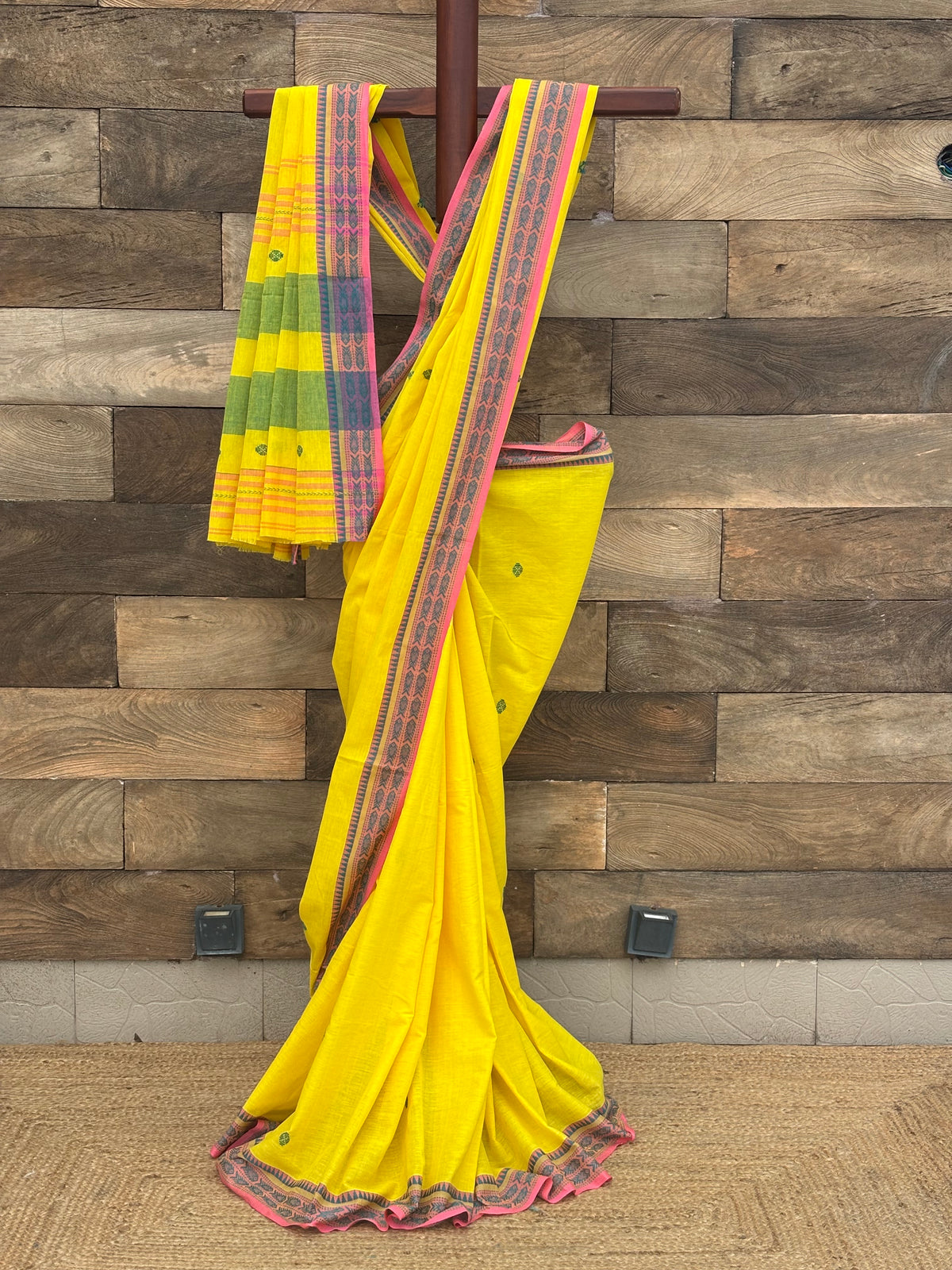 Yellow Mach Paar Soft Cotton Dhonekhali Saree