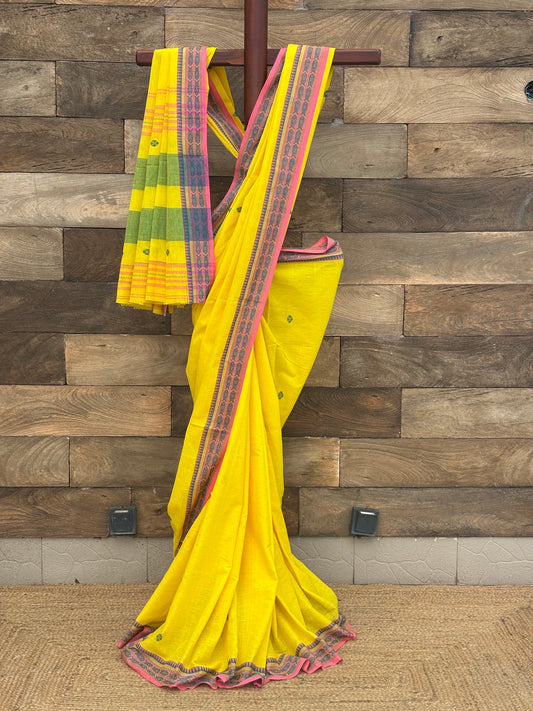 Yellow Mach Paar Soft Cotton Dhonekhali Saree