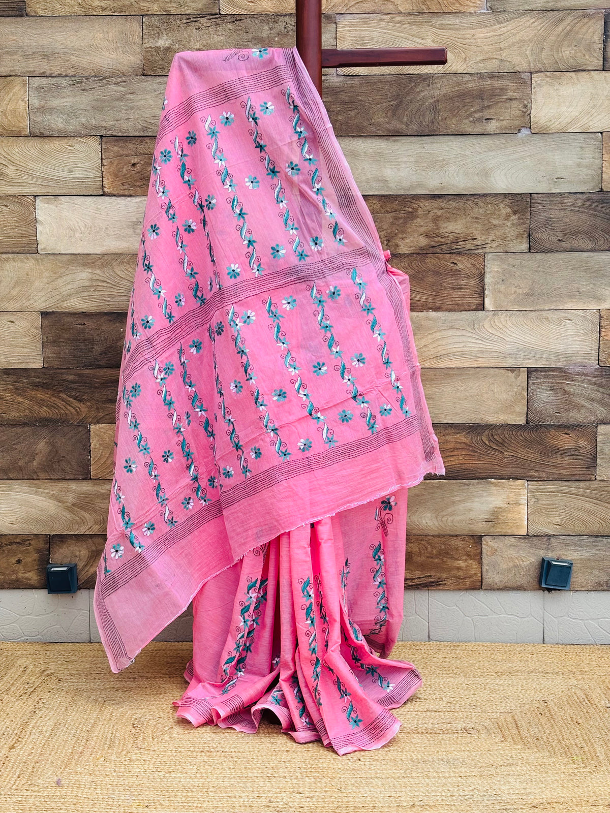 Bubble gum pink pure cotton Kantha stitch saree