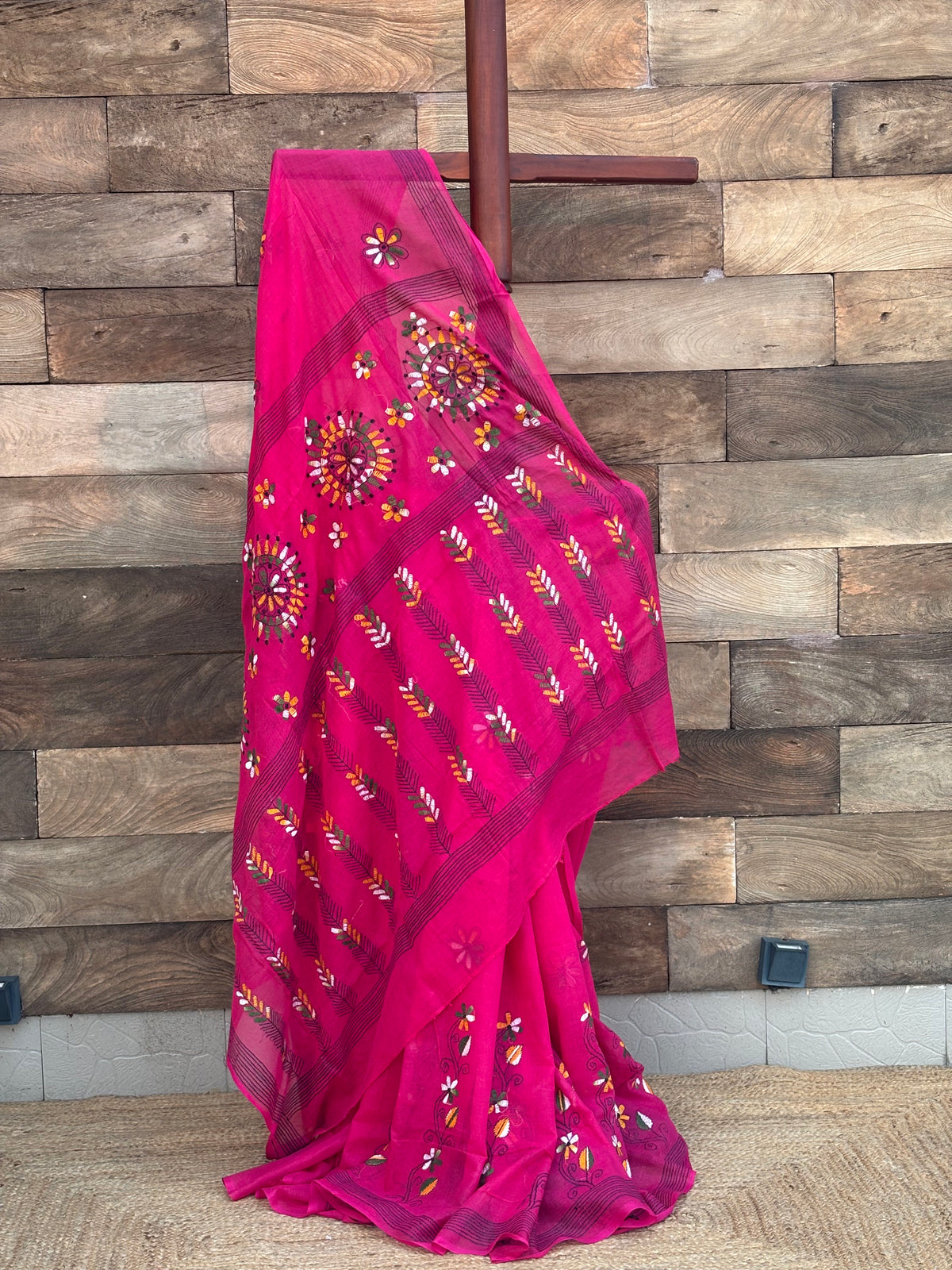 Hot Pink Kantha Hand Stitch Pur Cotton Saree