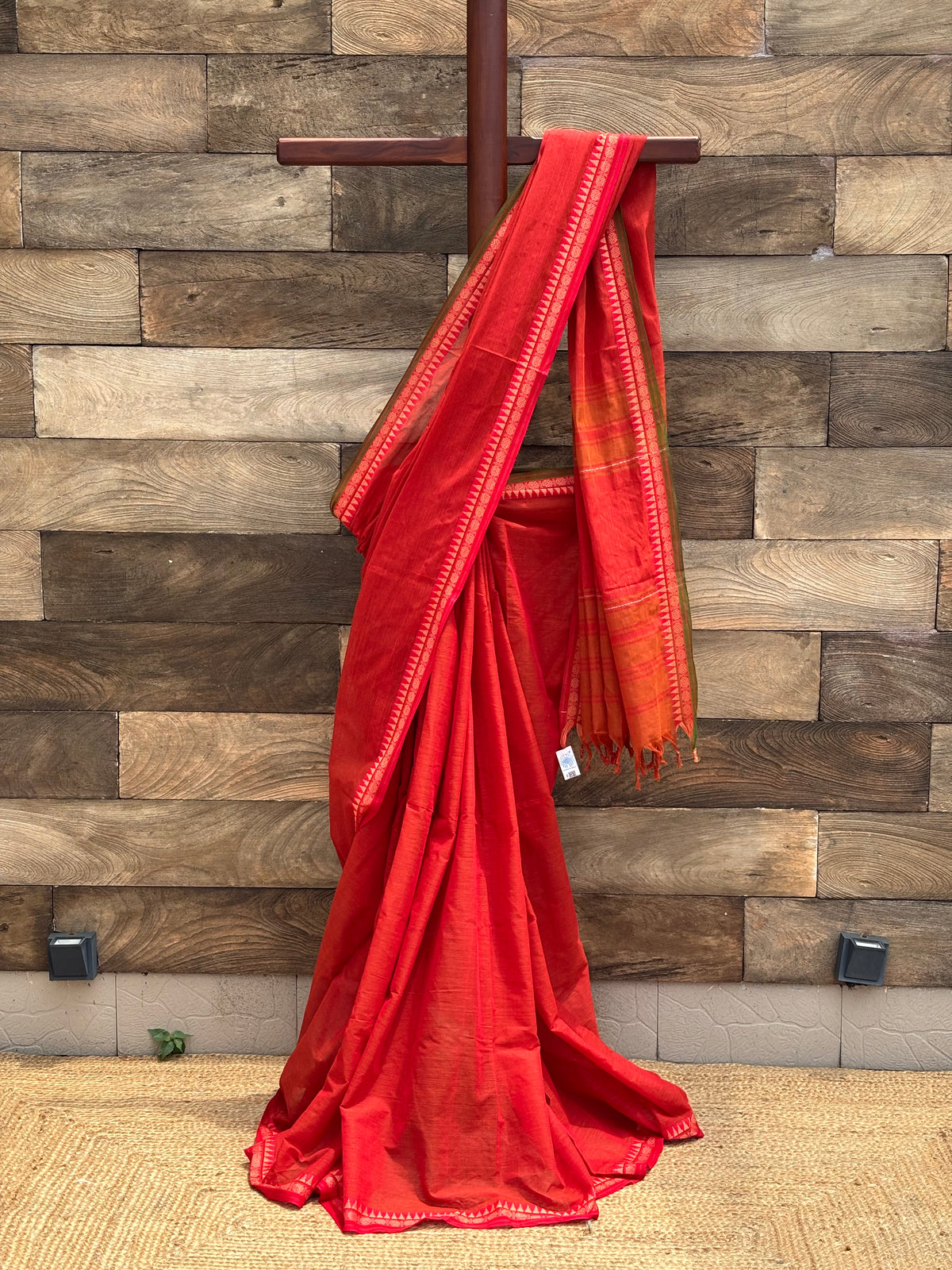 Saffron / Orange Pure Cotton Dhonekhali Saree