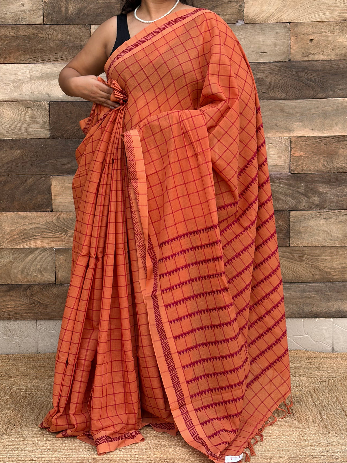 Pure Cotton orange check Begumpuri Handwoven Saree