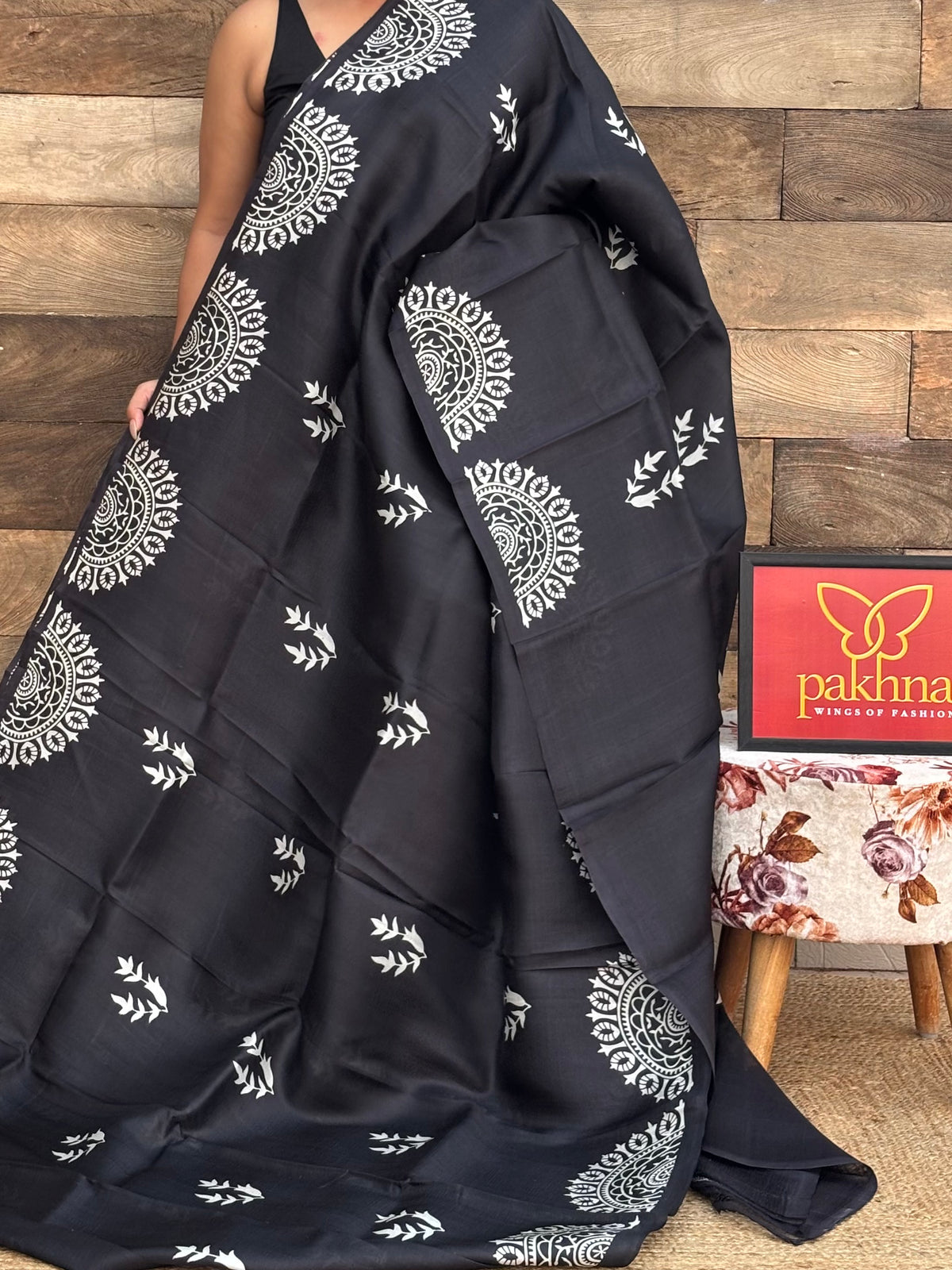 Black Pure Silk Handblock Printed  Saree