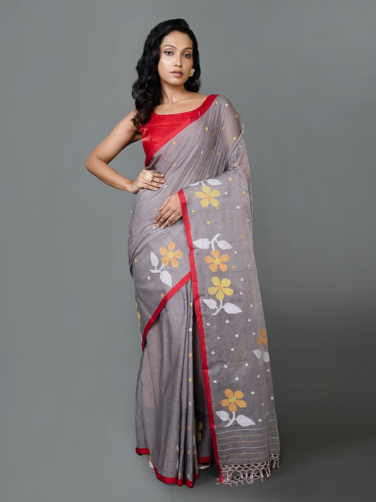 floral jamdani saree pure cotton handwoven