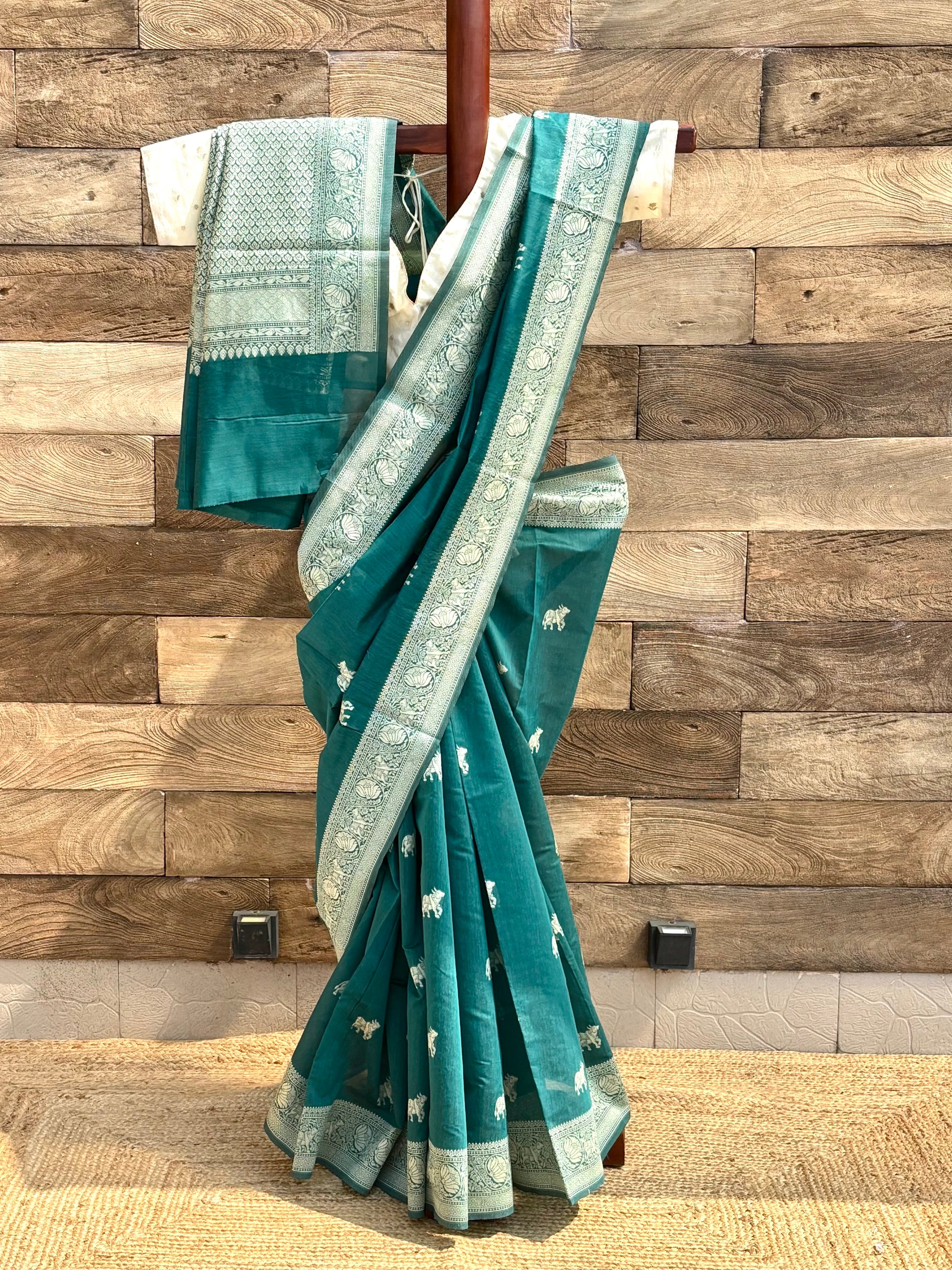 forest green mercerised banarasi cotton saree