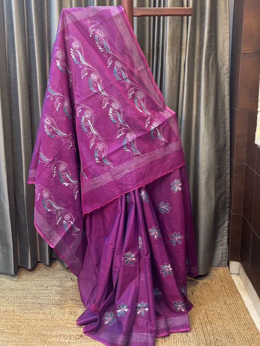 Purple  Pure Cotton Kantha Stitch Saree