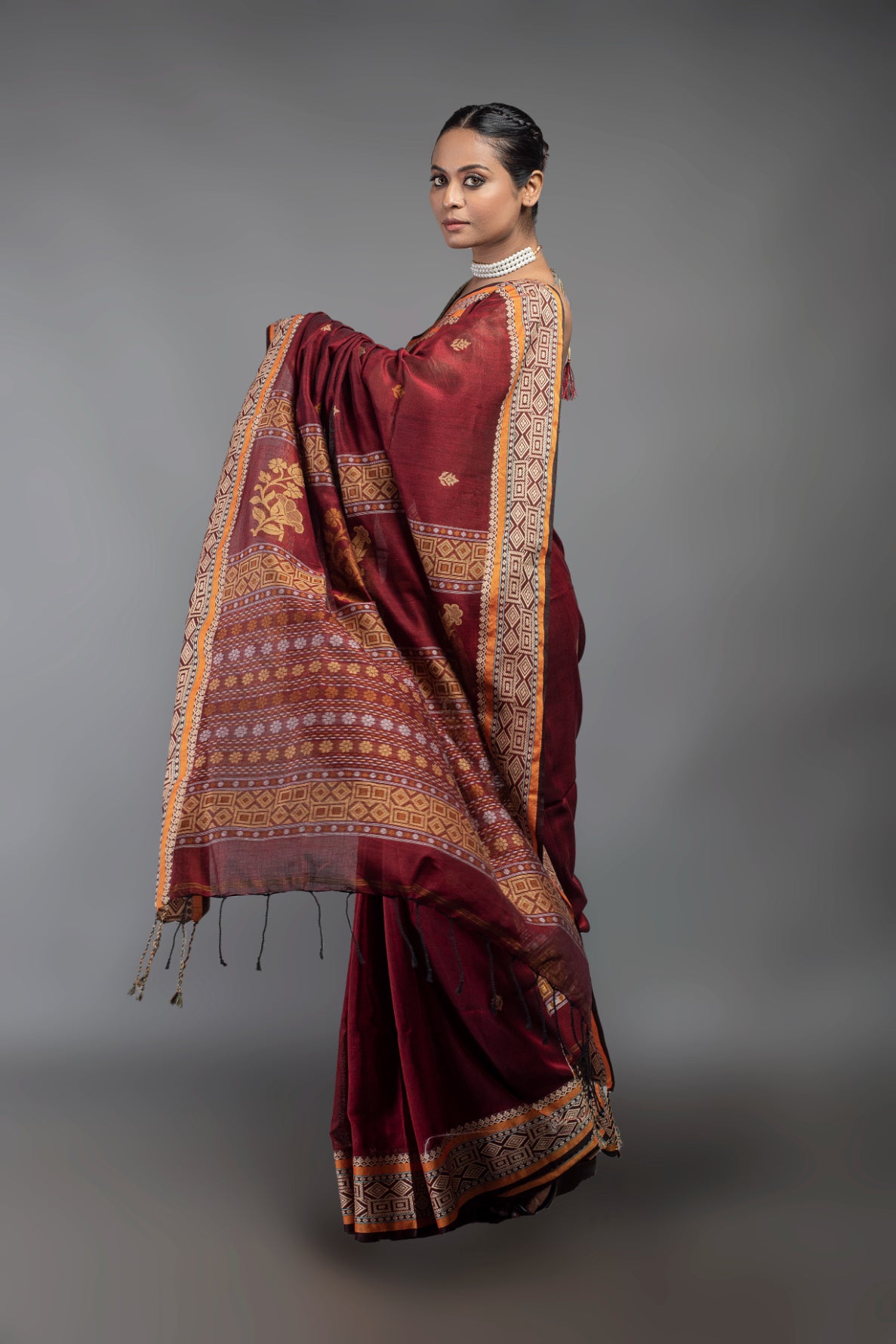Garnet glow mercerised pure cotton handloom saree, rich red shine
