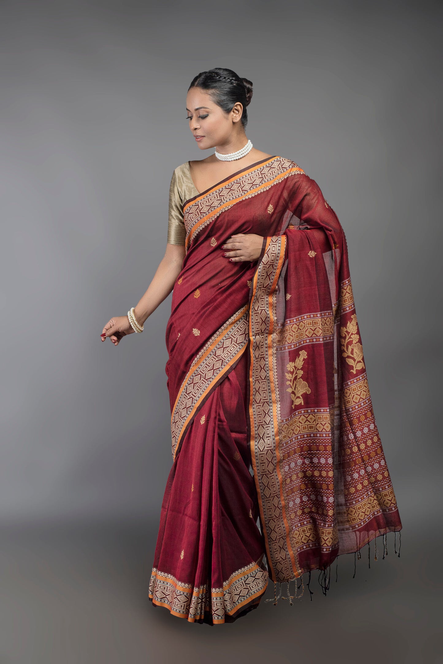 Garnet glow mercerised pure cotton handloom saree, rich red shine