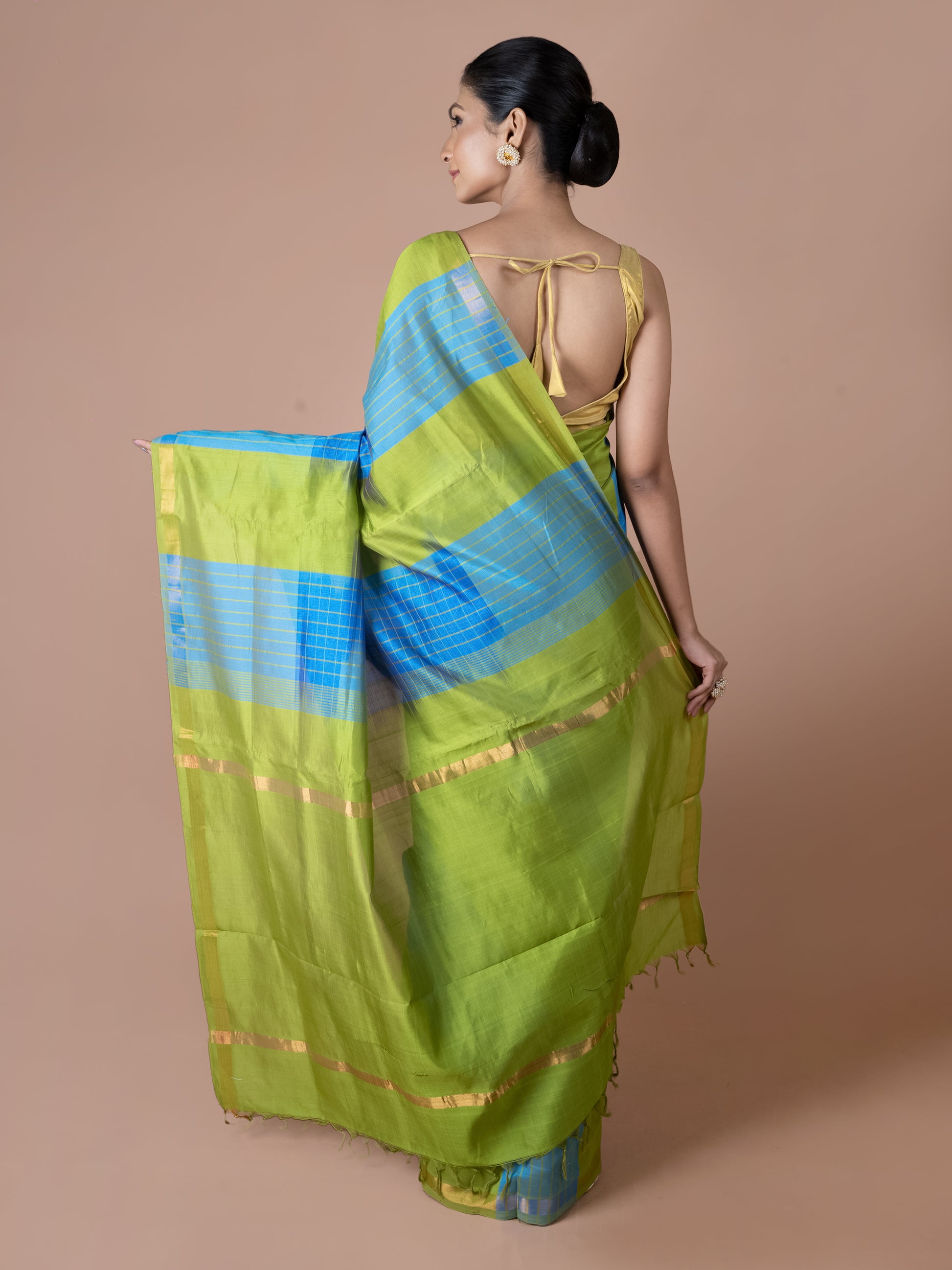 green blue kanchi silk cotton saree blend handloom lightweight