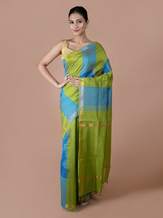 green blue kanchi silk cotton saree blend handloom lightweight