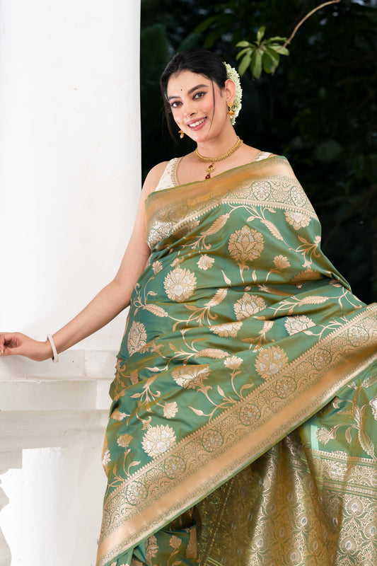 green fancy katan banarasi saree