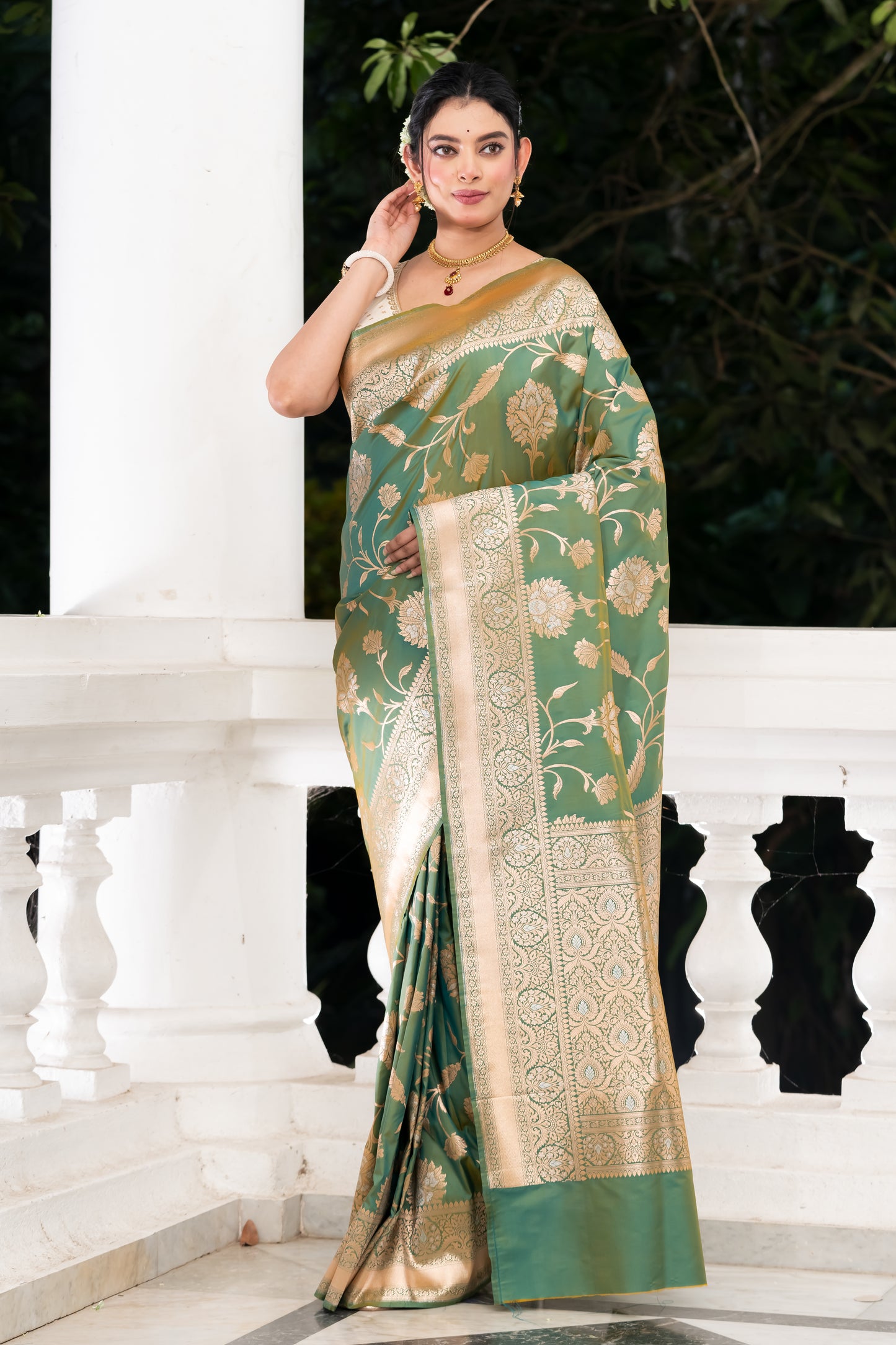 green fancy katan banarasi saree