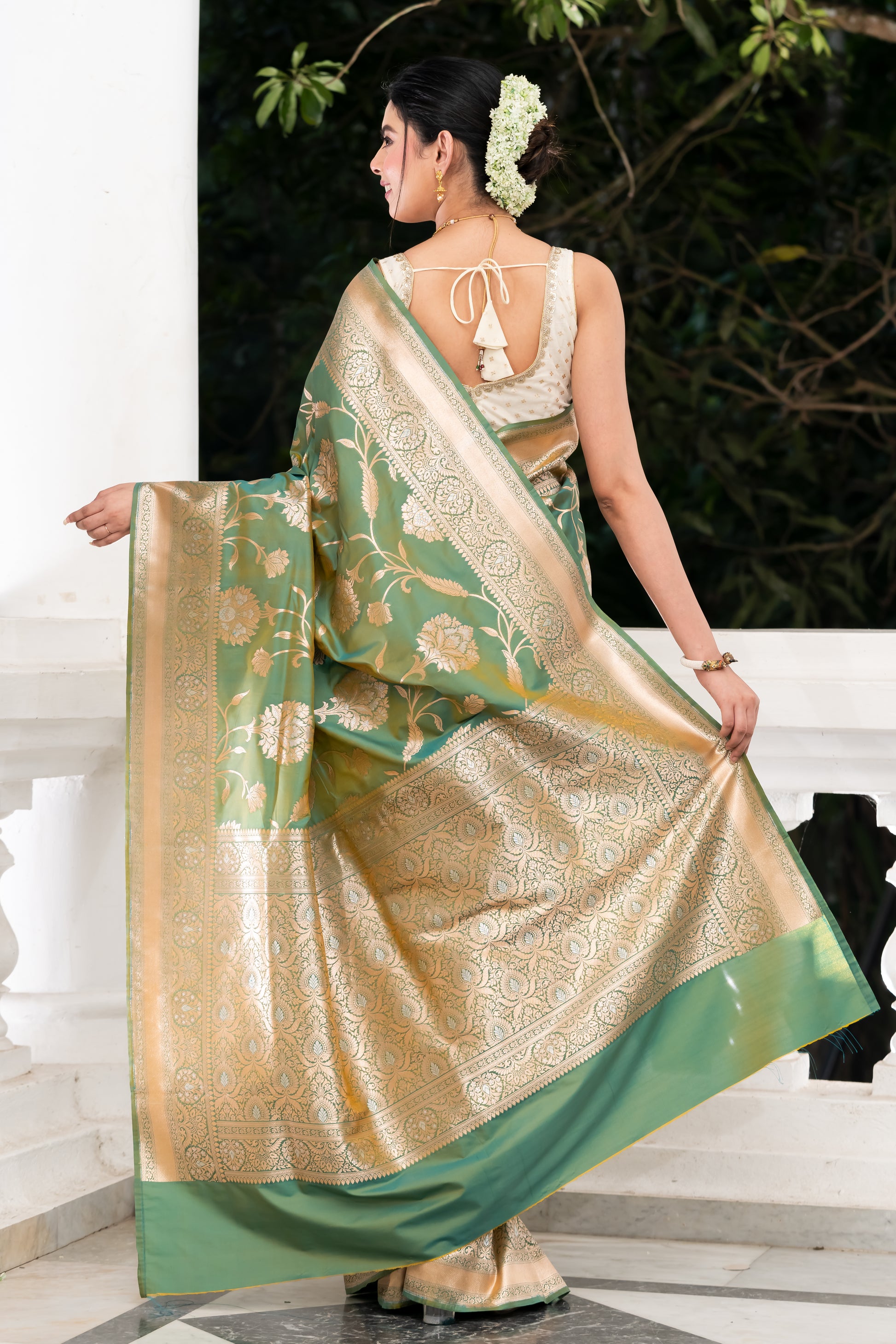 green fancy katan banarasi saree
