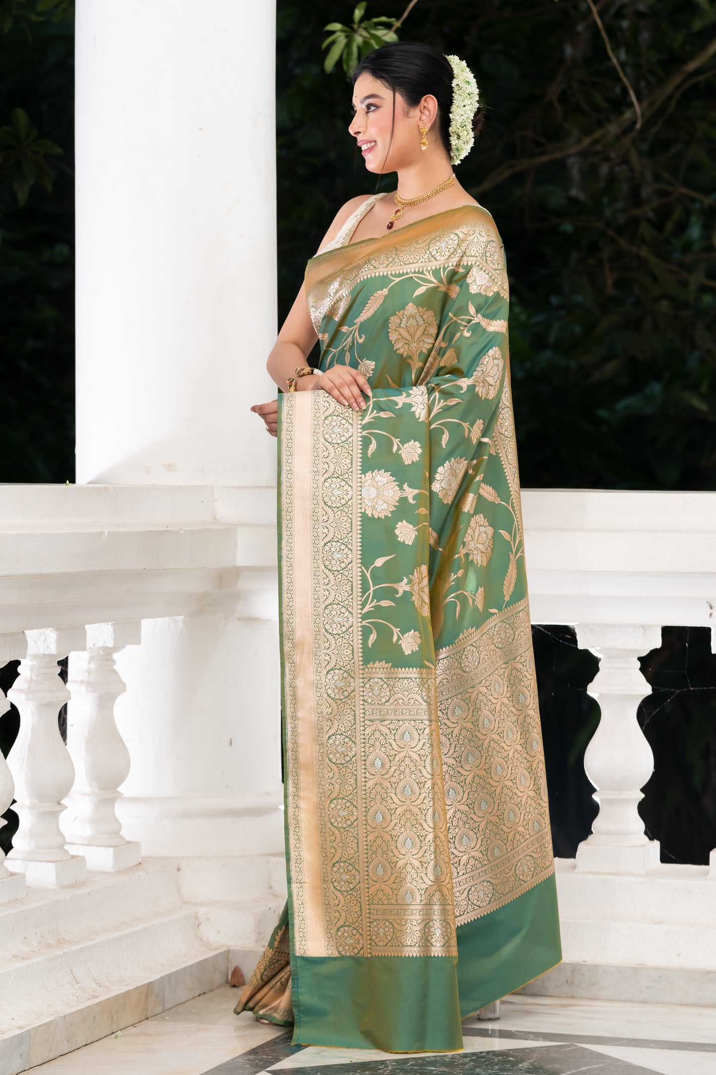green fancy katan banarasi saree