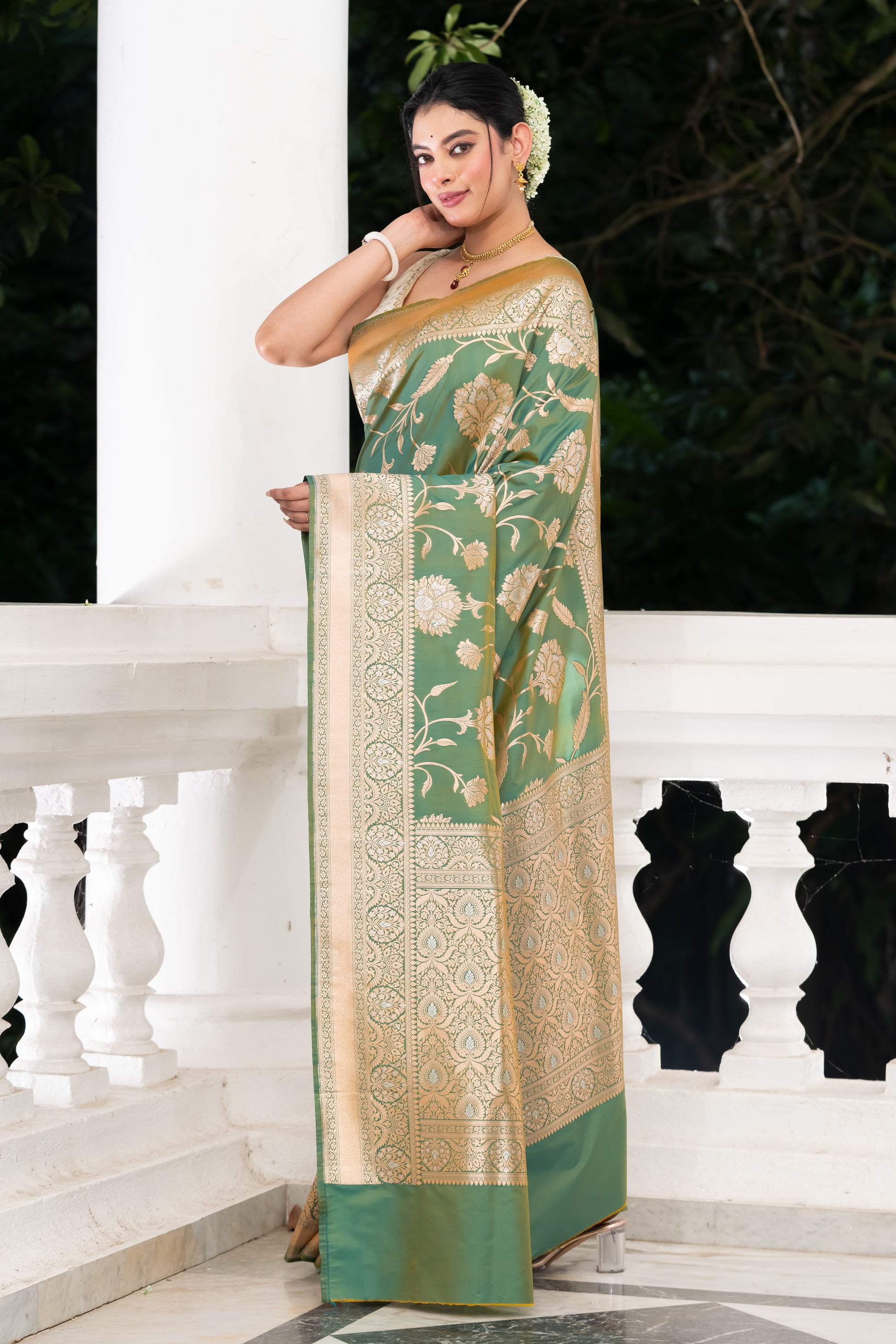 green fancy katan banarasi saree