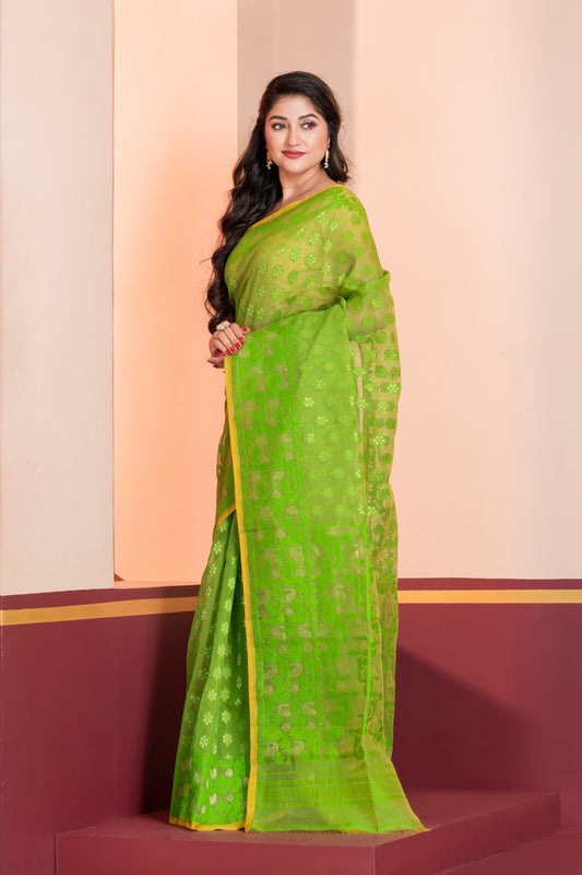 green silk jamdani cotton saree