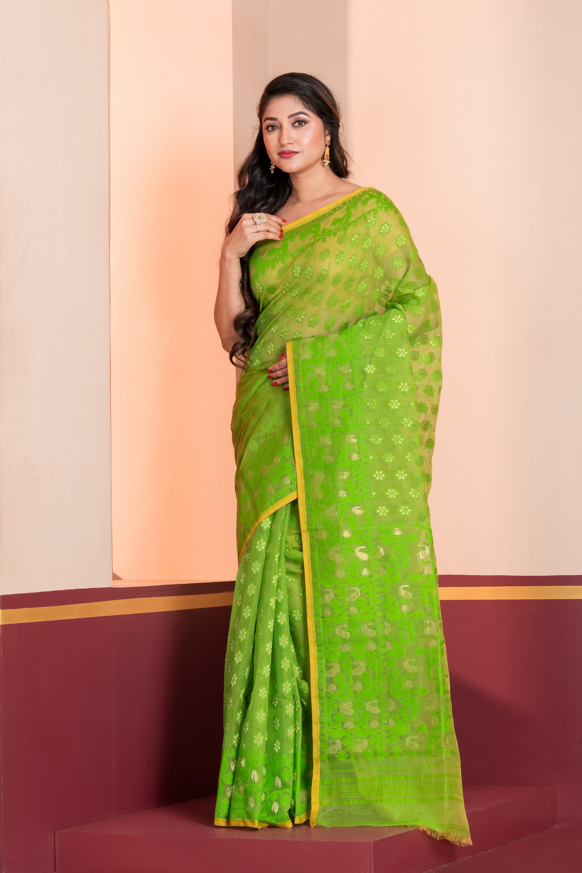 green silk jamdani cotton saree