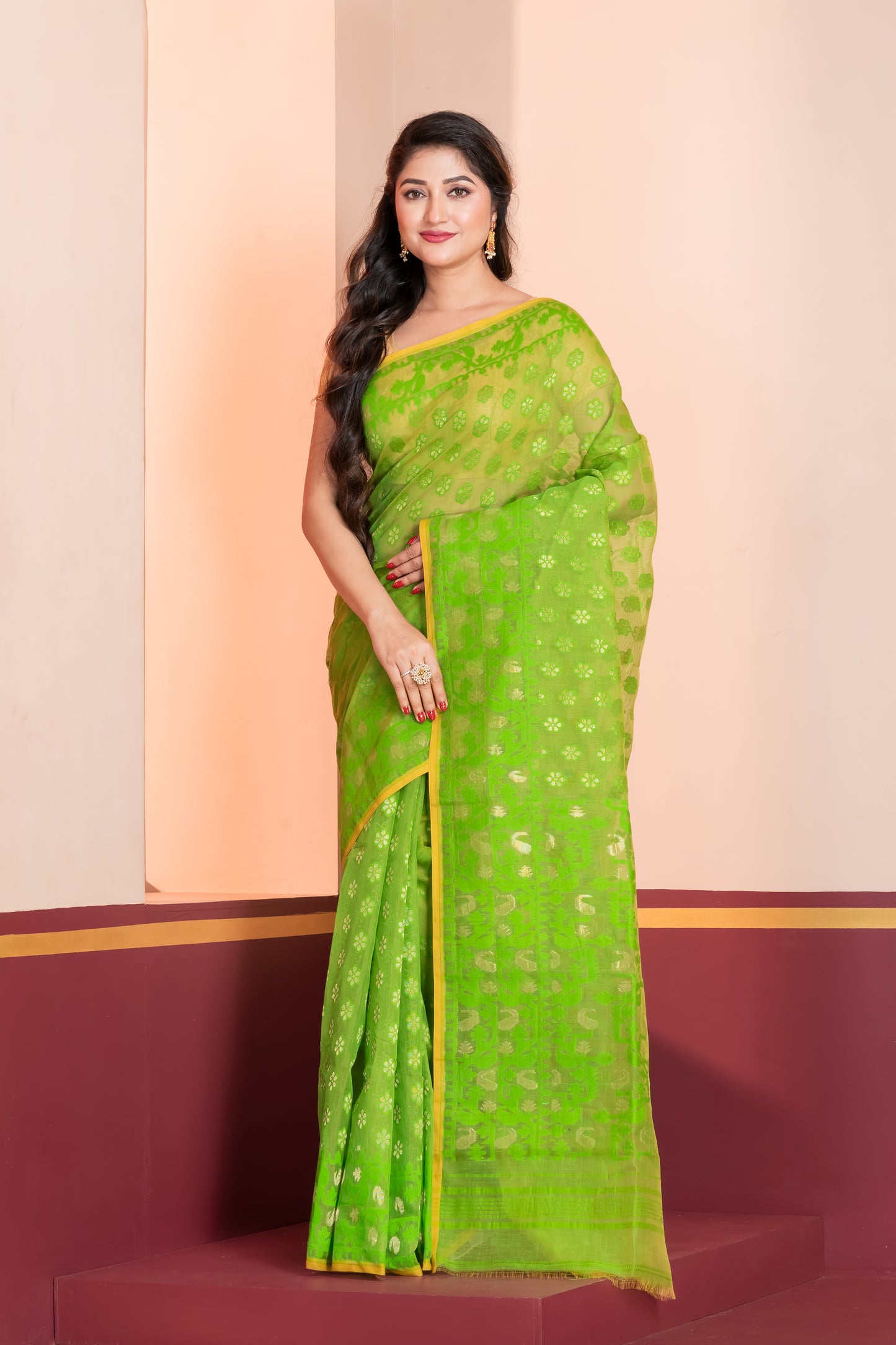 green silk jamdani cotton saree