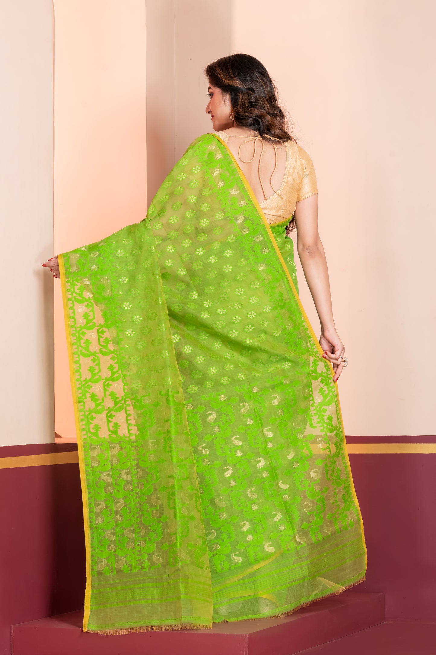 green silk jamdani cotton saree