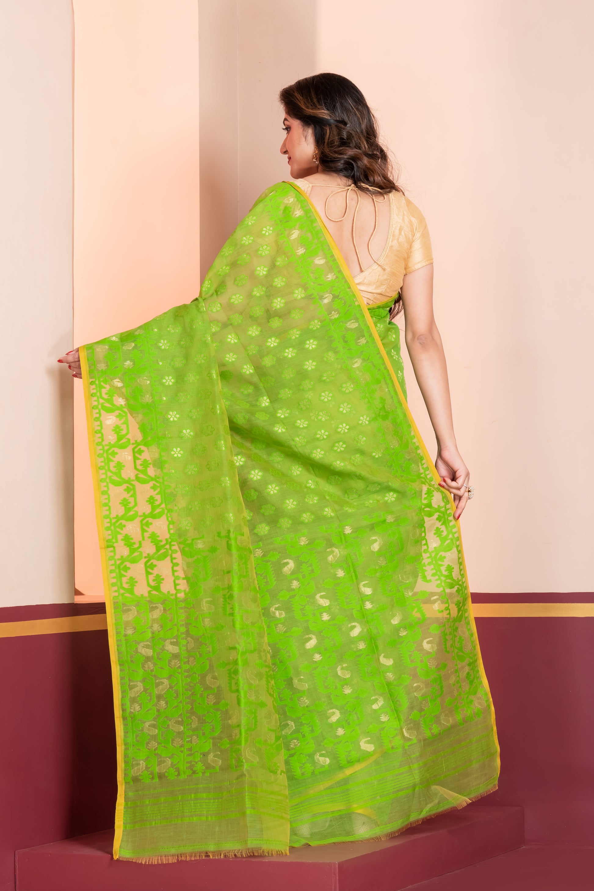 green silk jamdani cotton saree