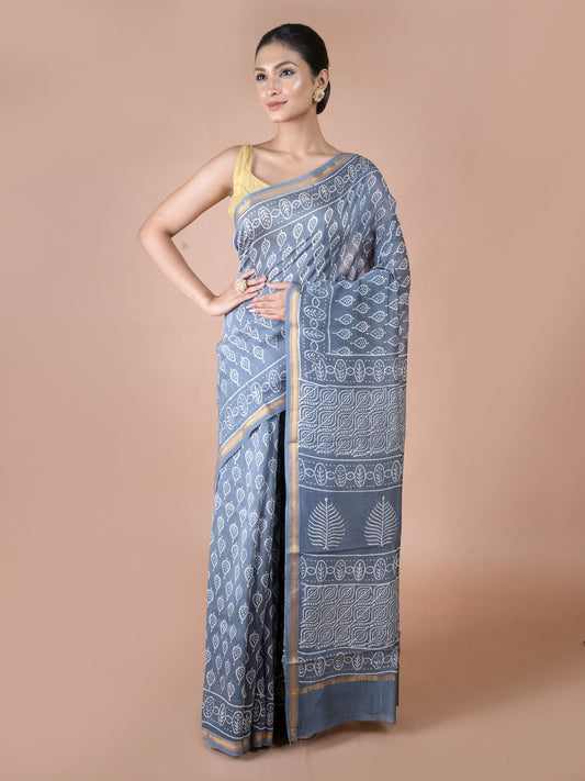 grey chanderi silk cotton saree soft handwoven