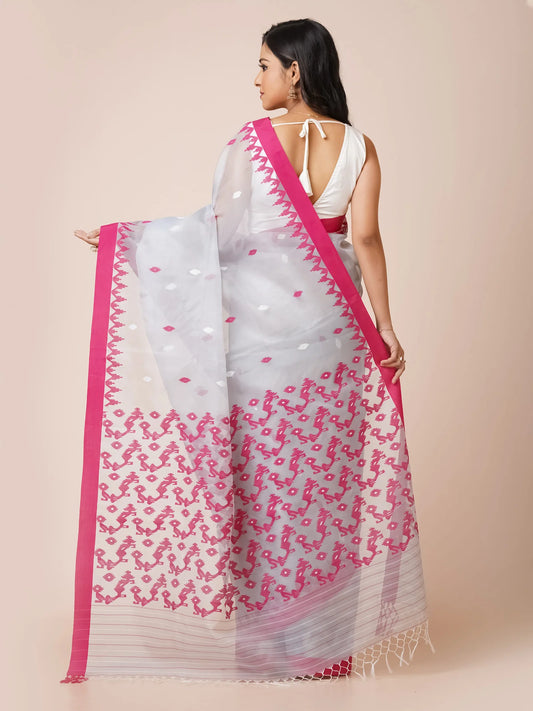grey pink muslin jamdani saree pure handwoven