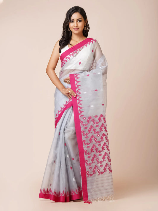 grey pink muslin jamdani saree pure handwoven