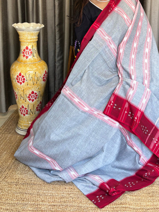 grey & red dhonekhali cotton saree