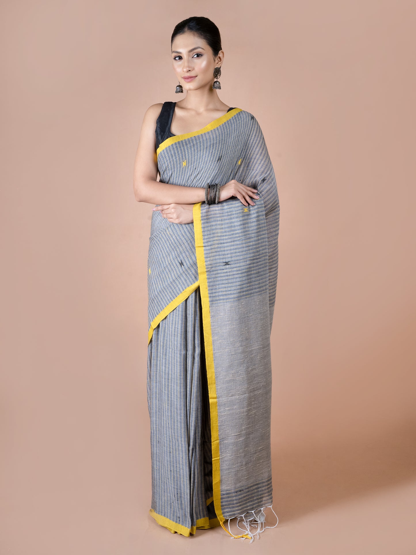 grey yellow ketia jamdani pure cotton saree contrast handloom