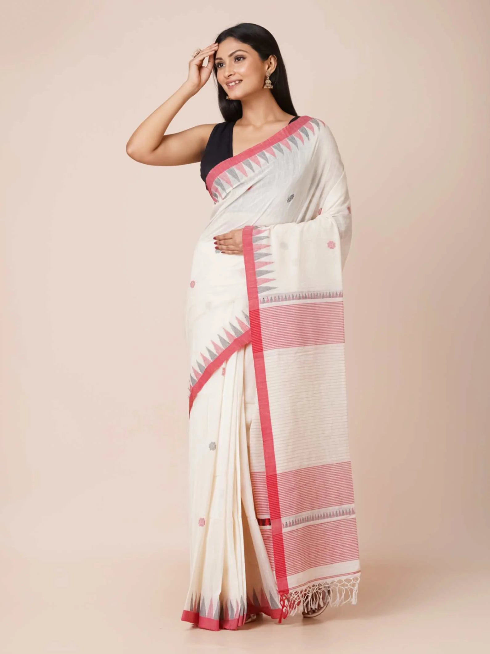 Handloom soft handspun pure cotton saree with floral temple border
