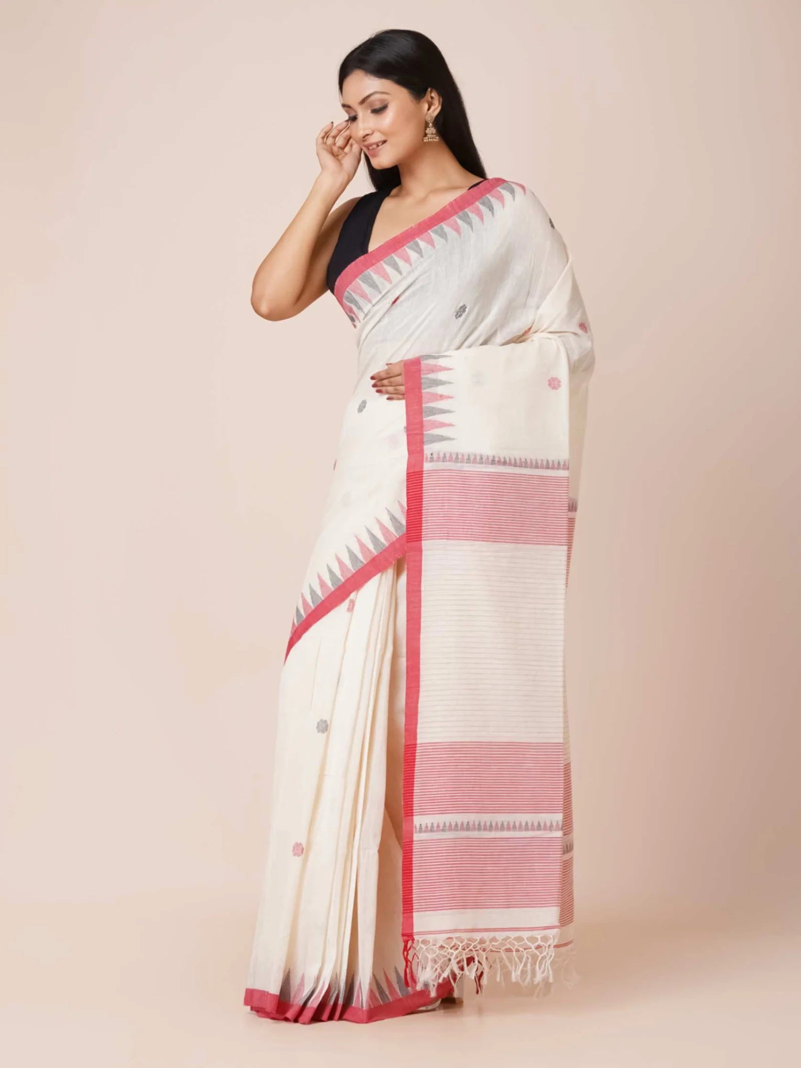 Handloom soft handspun pure cotton saree with floral temple border