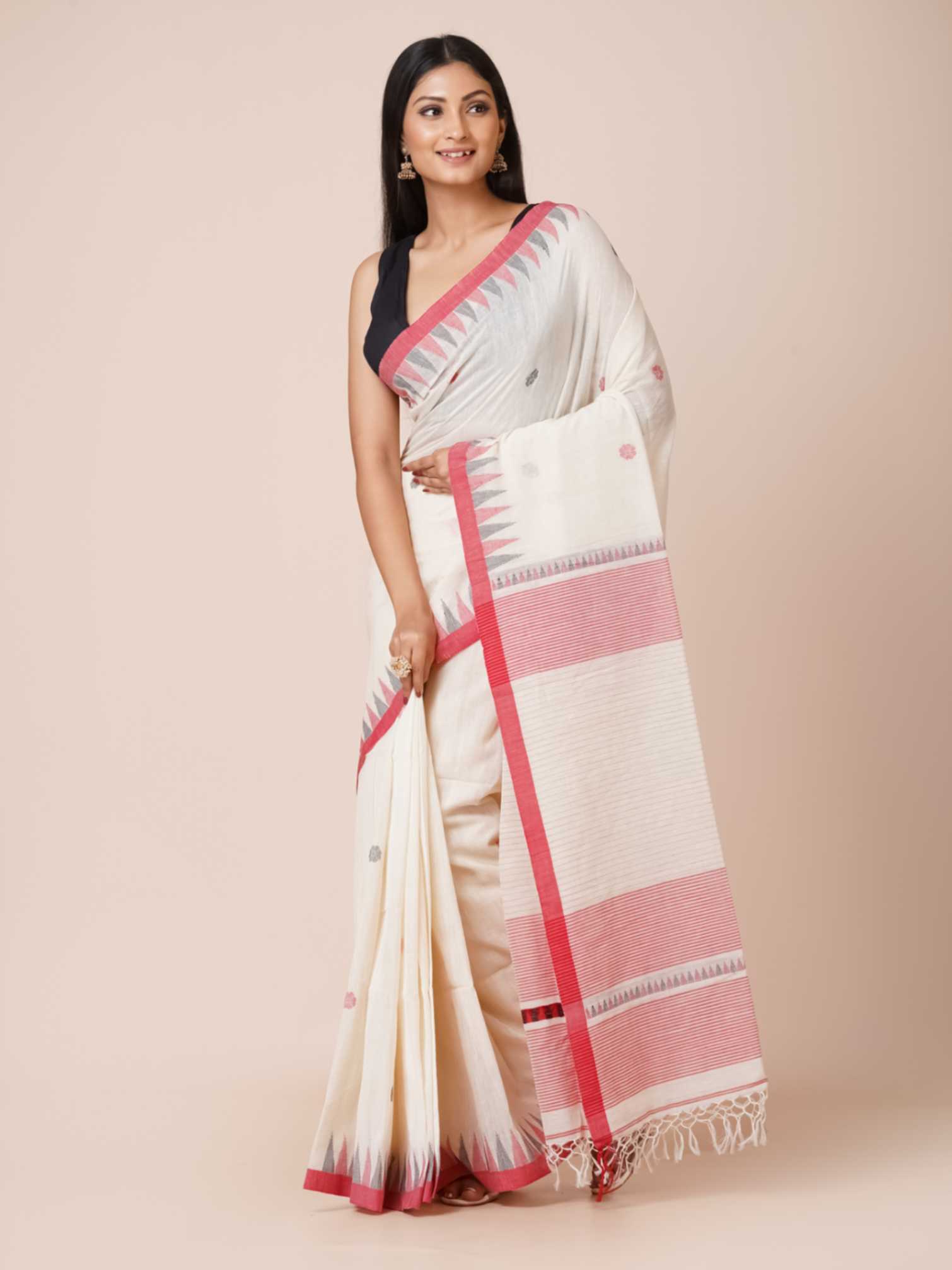 Handloom soft handspun pure cotton saree with floral temple border