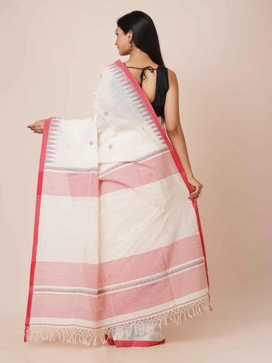Handloom soft handspun pure cotton saree with floral temple border