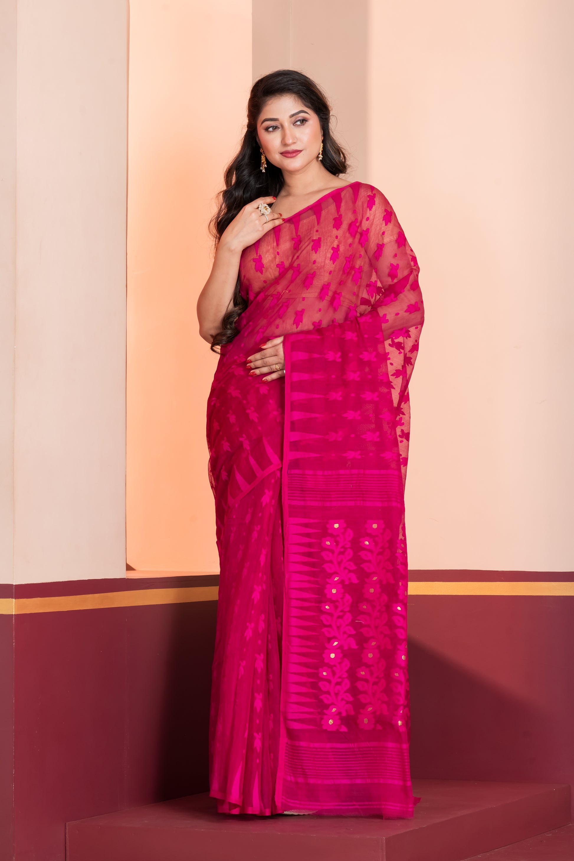 hot pink silk jamdani cotton saree