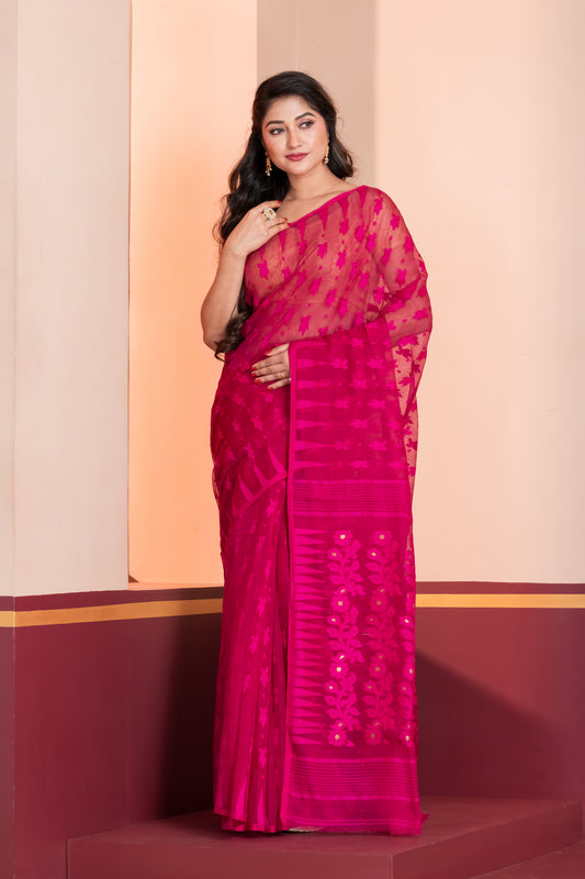 hot pink silk jamdani cotton saree