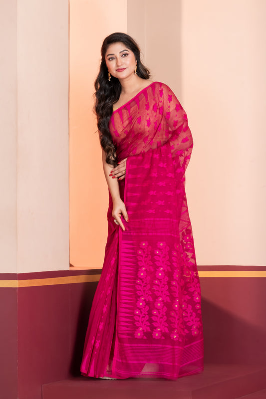 hot pink silk jamdani cotton saree