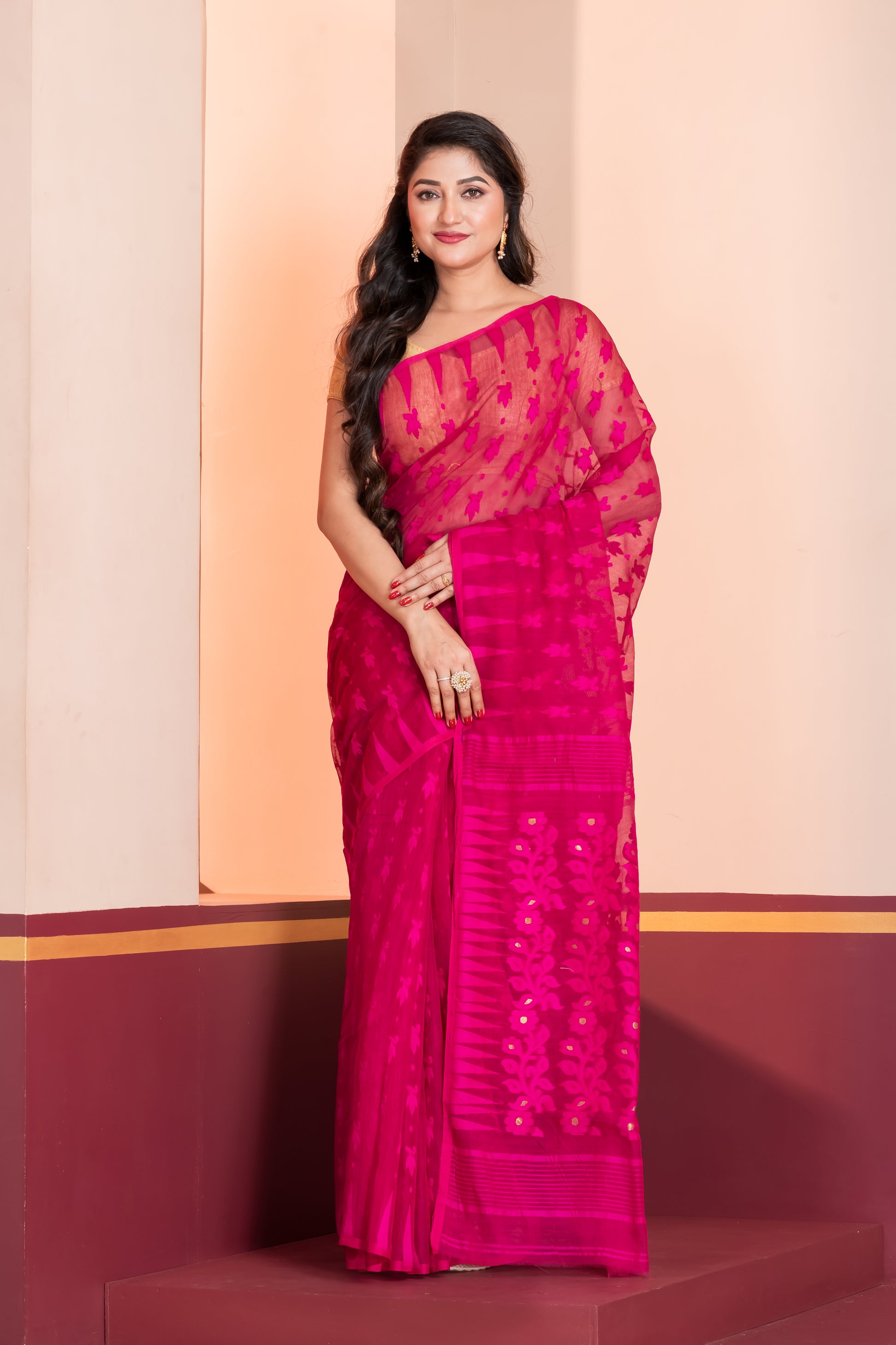hot pink silk jamdani cotton saree