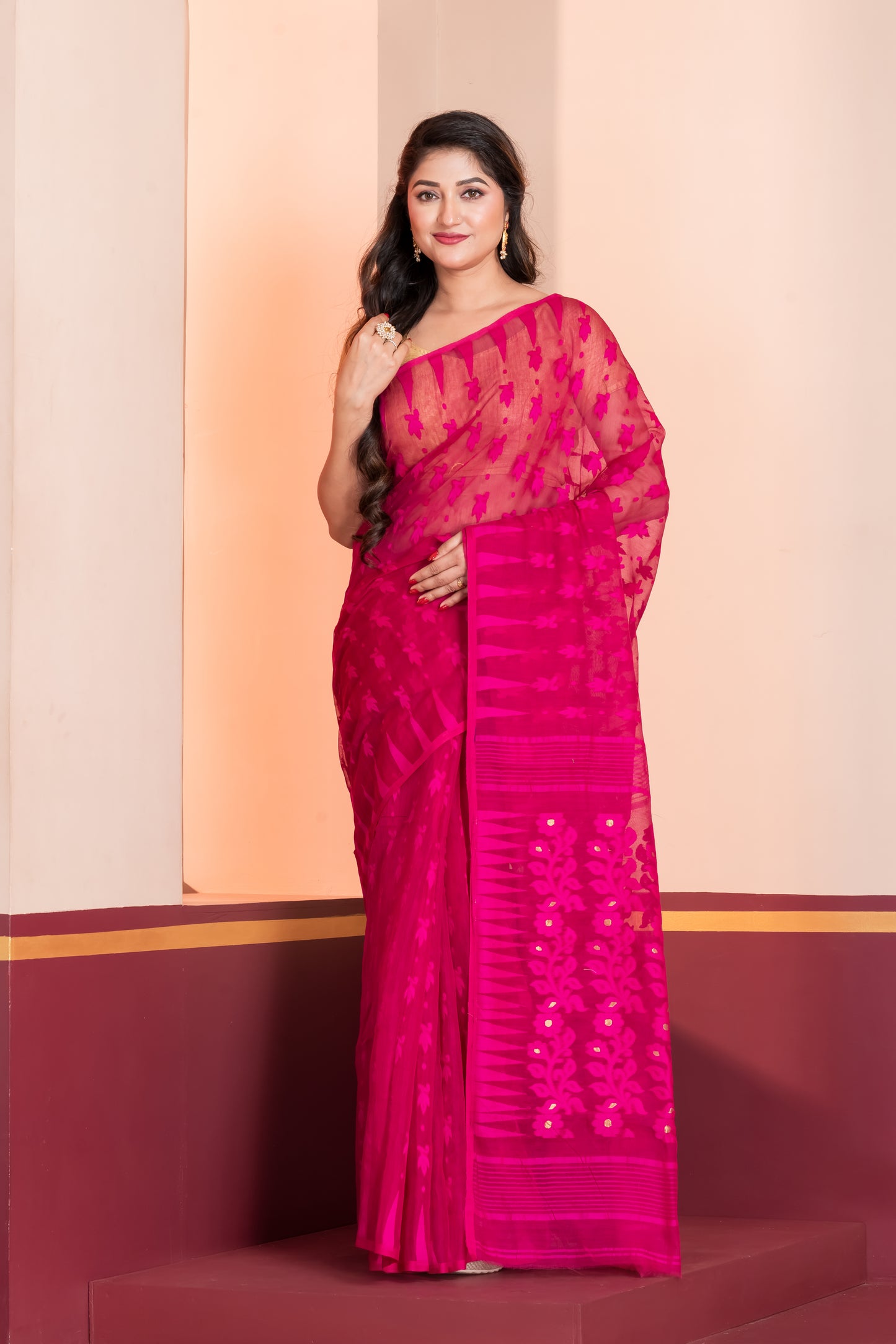 hot pink silk jamdani cotton saree